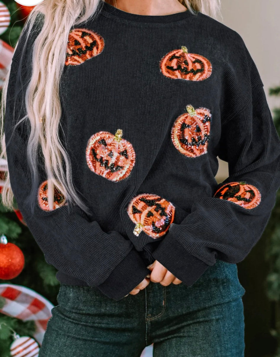 Sequin Pumpkin Round Neck Sweatshirt