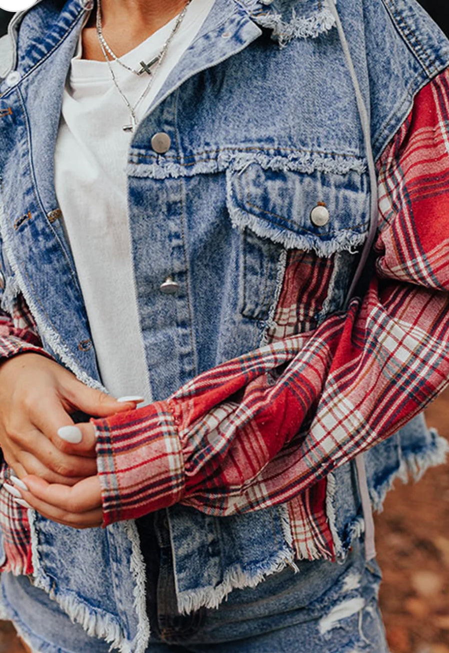 Plaid Patchwork Hooded Denim Jacket