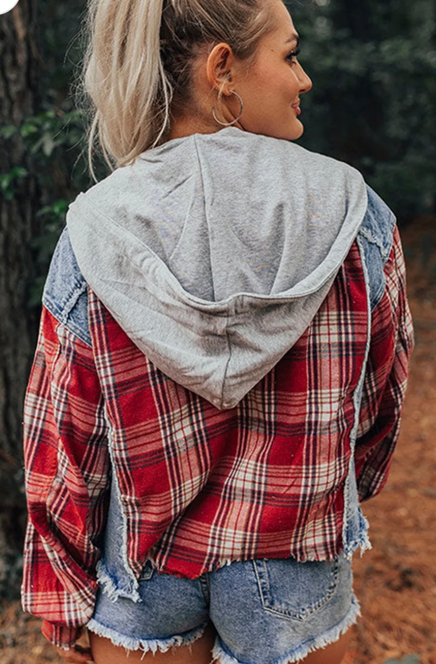 Plaid Patchwork Hooded Denim Jacket