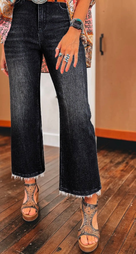Sail Blue Mineral Wash Raw Hem High Waist Flared Jeans