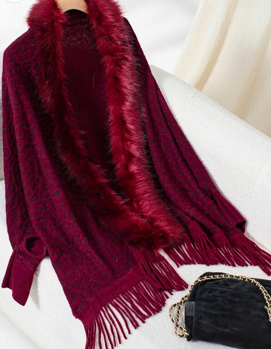 Fringe Leopard Open Front Long Sleeve Poncho
