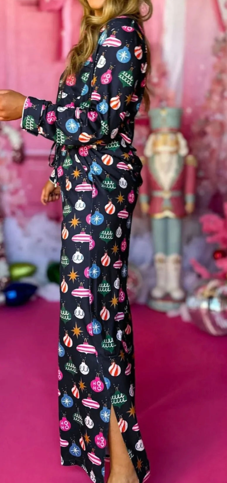 Printed Collared Neck Long Sleeve Top and Pants Lounge Set