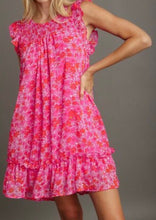 Load image into Gallery viewer, Umgee Full Size Smocked Detail Floral Metallic Ruffle Cap Sleeve Dress Plus Size
