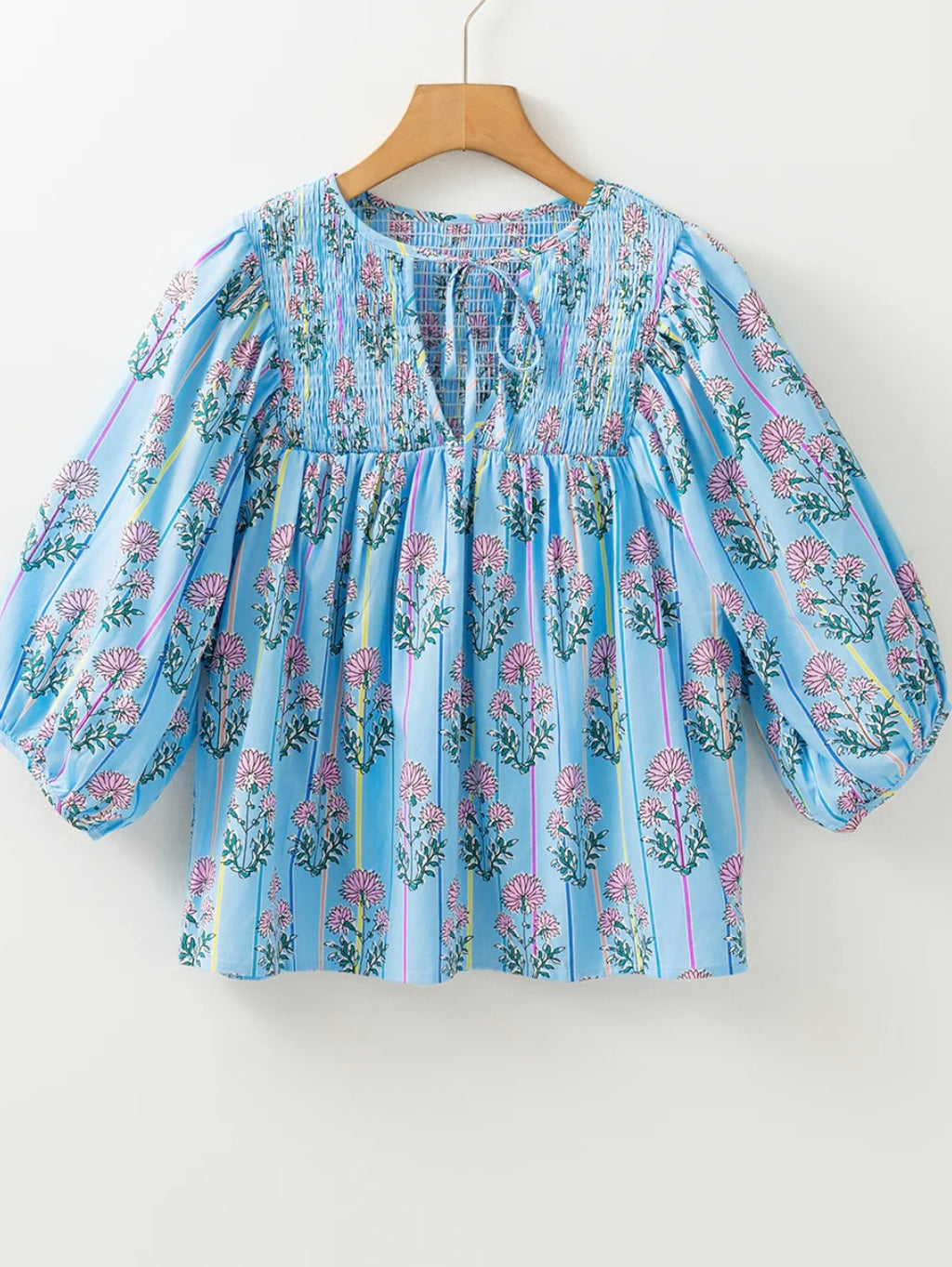 Floral Striped Tie Shirred Splie Neck Blouse