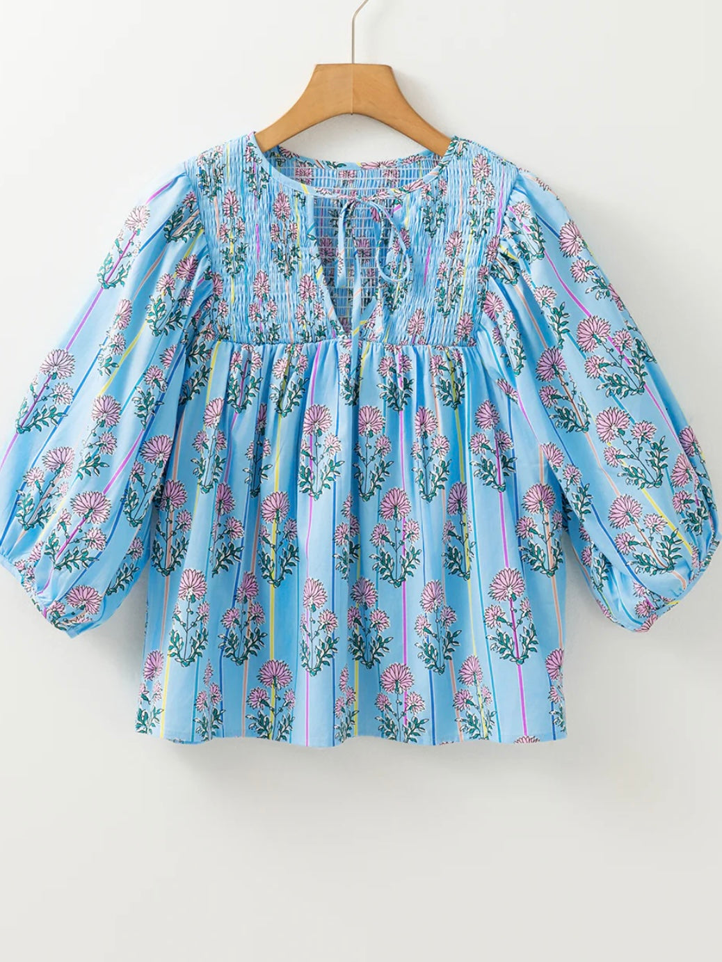 Floral Striped Tie Shirred Splie Neck Blouse