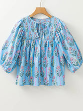 Load image into Gallery viewer, Floral Striped Tie Shirred Splie Neck Blouse
