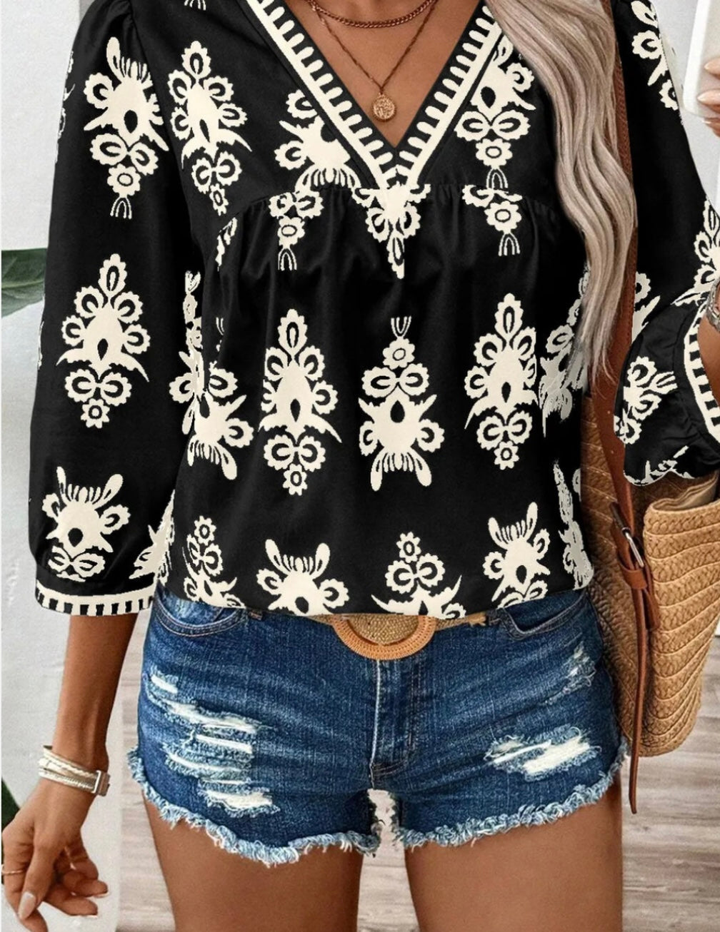 Printed V-Neck Three-Quarter Sleeve Blouse