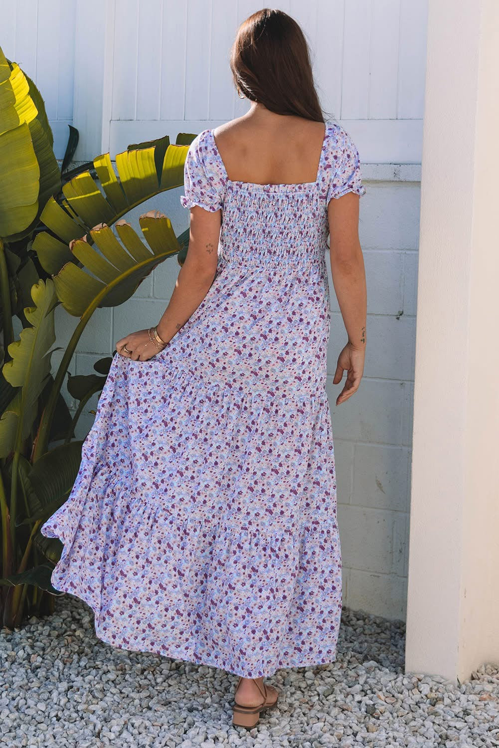Purple Floral Bubble Sleeve Shirred High Waist Maxi Dress