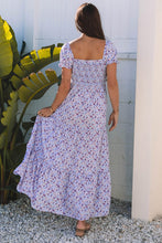 Load image into Gallery viewer, Purple Floral Bubble Sleeve Shirred High Waist Maxi Dress
