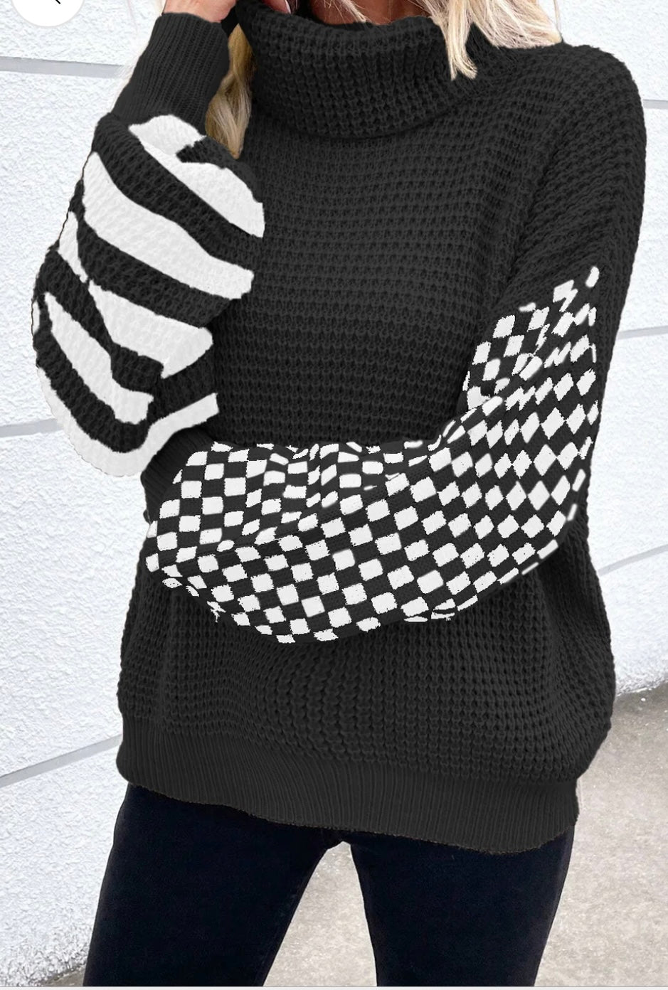 Striped and Checked Waffle Turtleneck Sweater