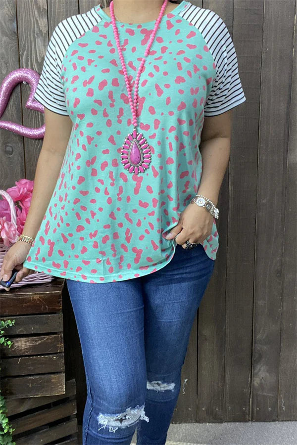 Mint/Pink Leopard Short Sleeve Top