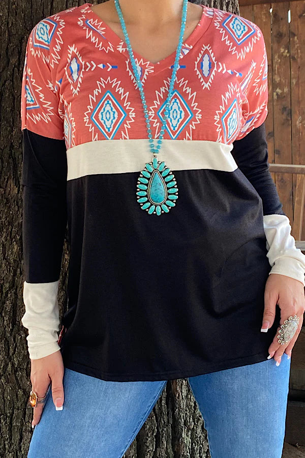 Aztec Color Block Long Sleeve Top