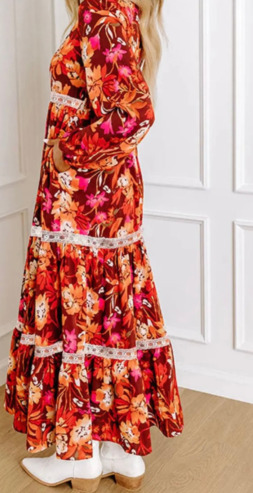 Printed V-Neck Long Sleeve Midi Dress