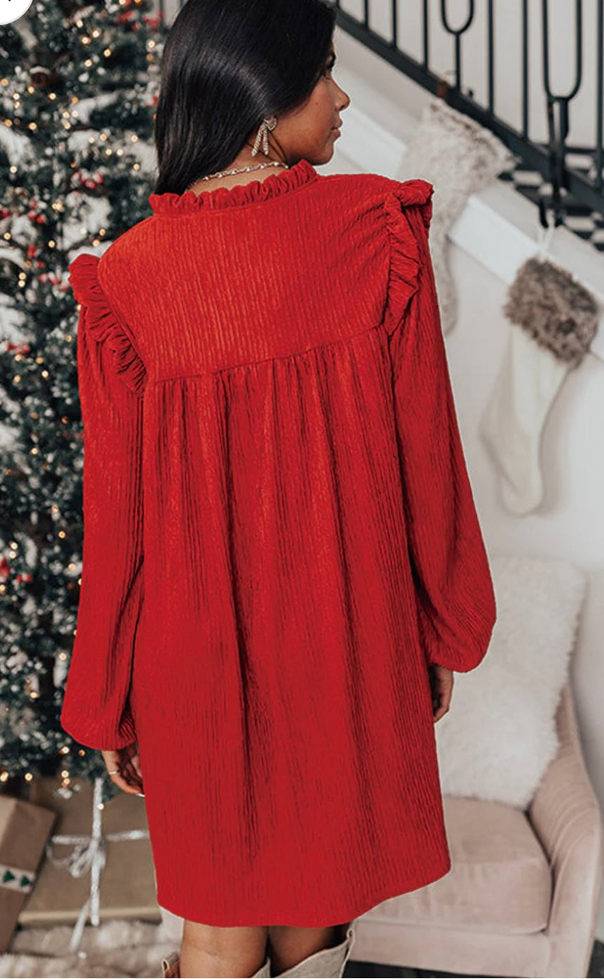 Retro Textured Ruffle Mini Dress