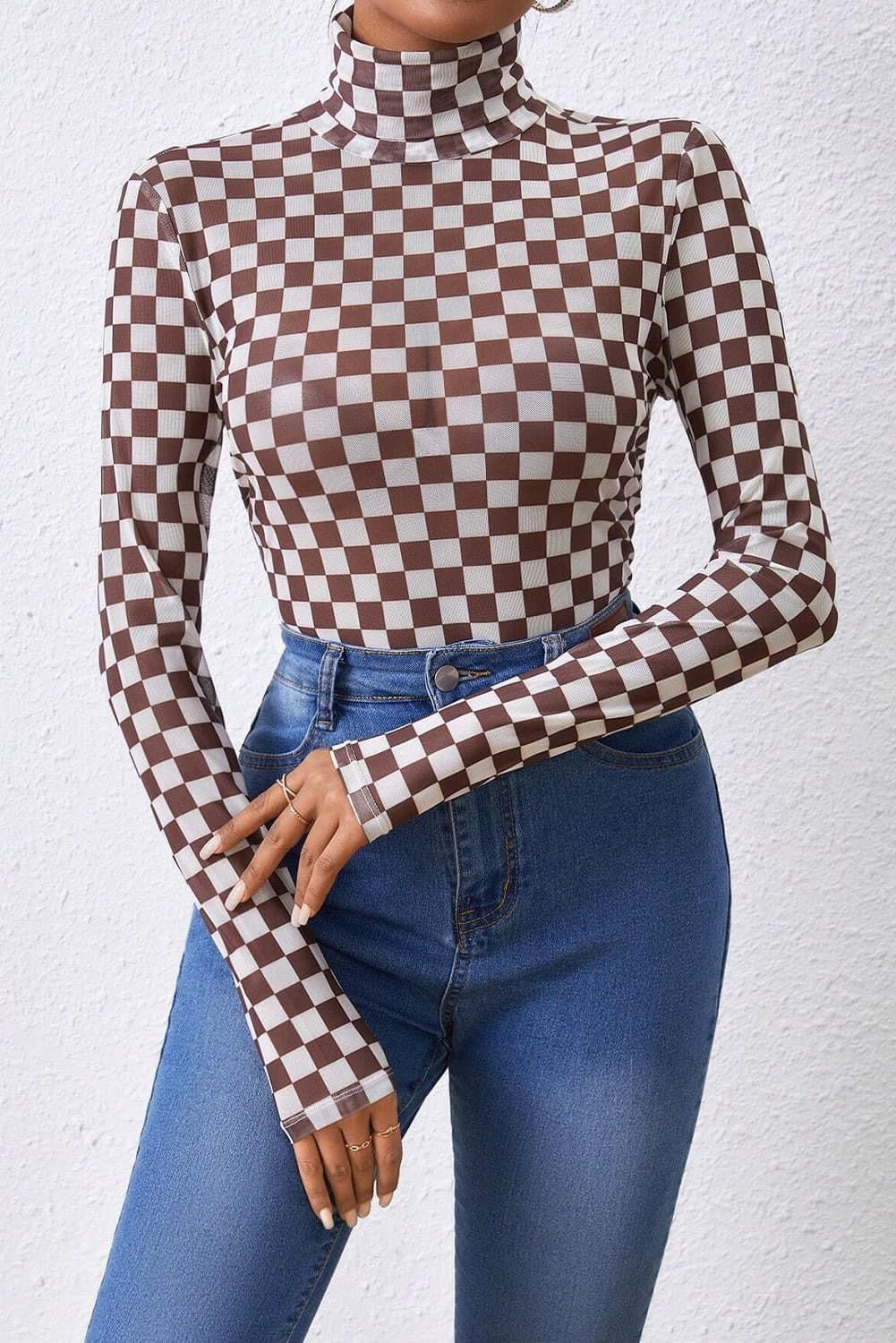 Checkered High Neck Mesh Bodysuit