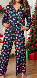Printed Collared Neck Long Sleeve Top and Pants Lounge Set