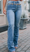 Load image into Gallery viewer, Pearl Trim High Waist Bootcut Jeans
