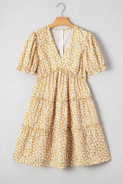 Yellow Floral V Neck Frilly Tiered Mini dress