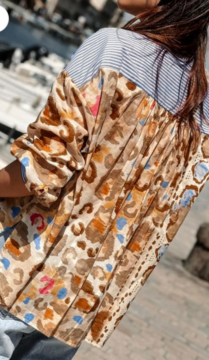Leopard Striped Print Patchwork Shirt