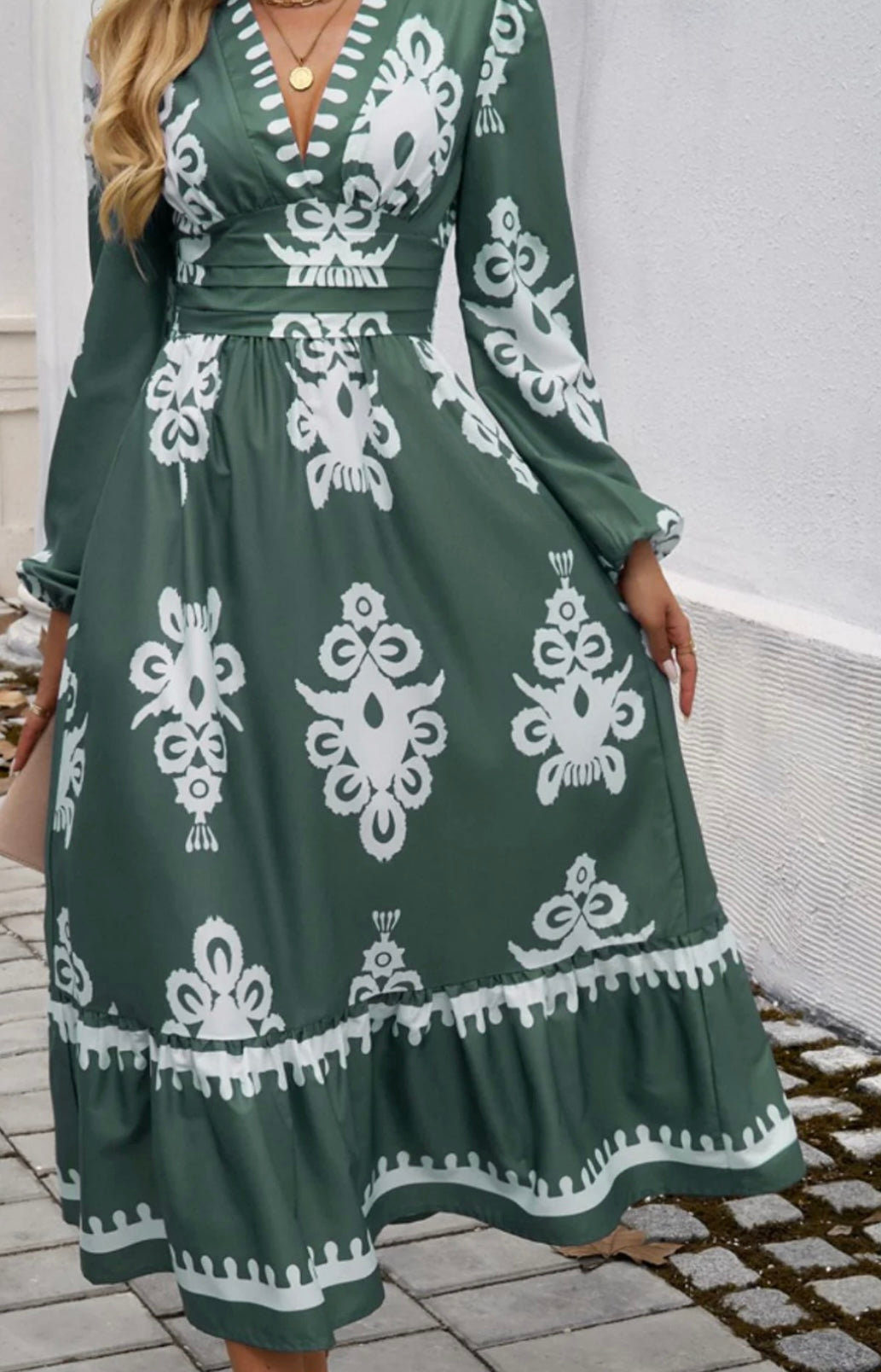 Devine Ruffled Printed Plunge Long Sleeve Dress