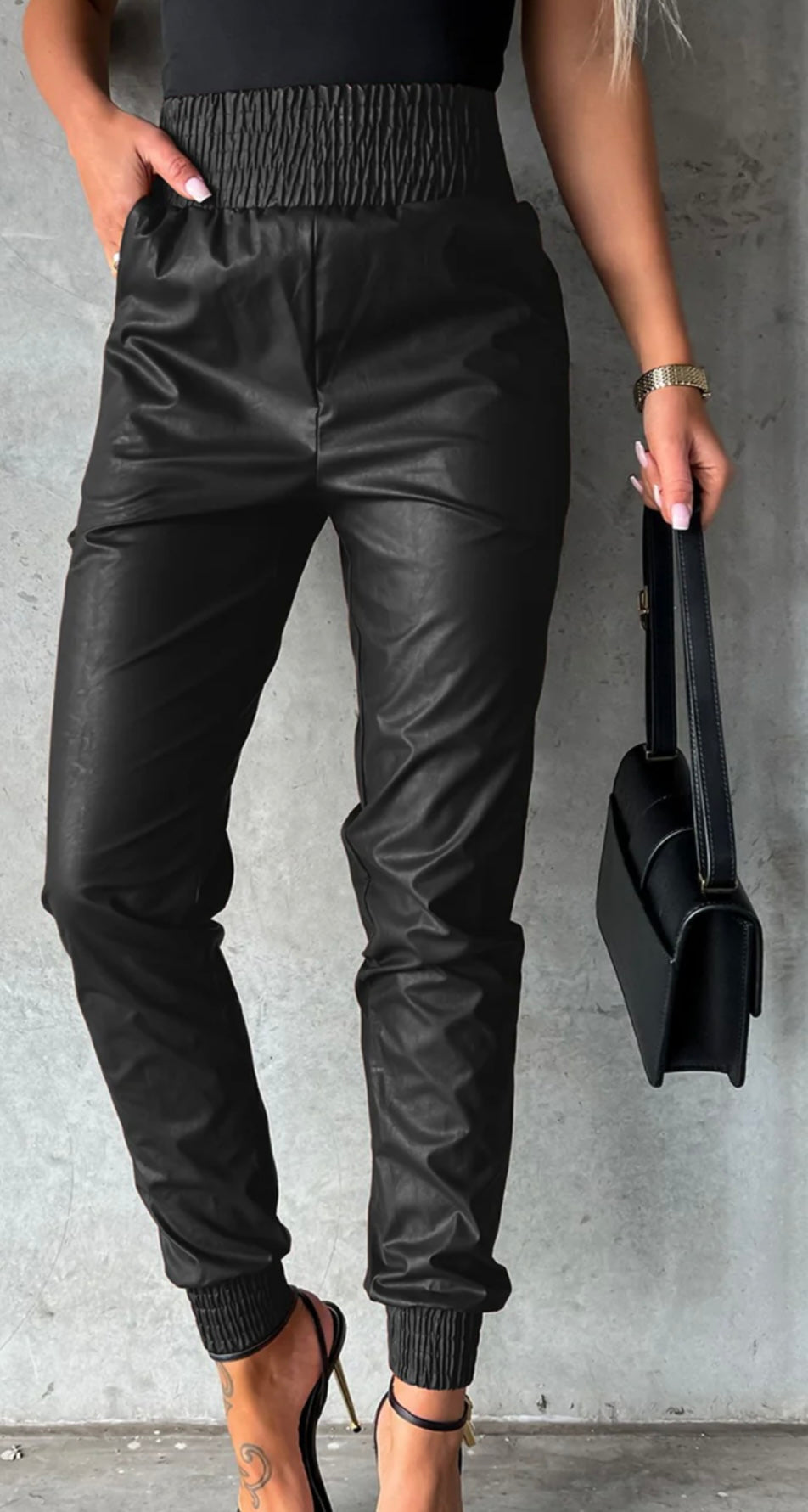 Smocked High Waist Leather Skinny Pants