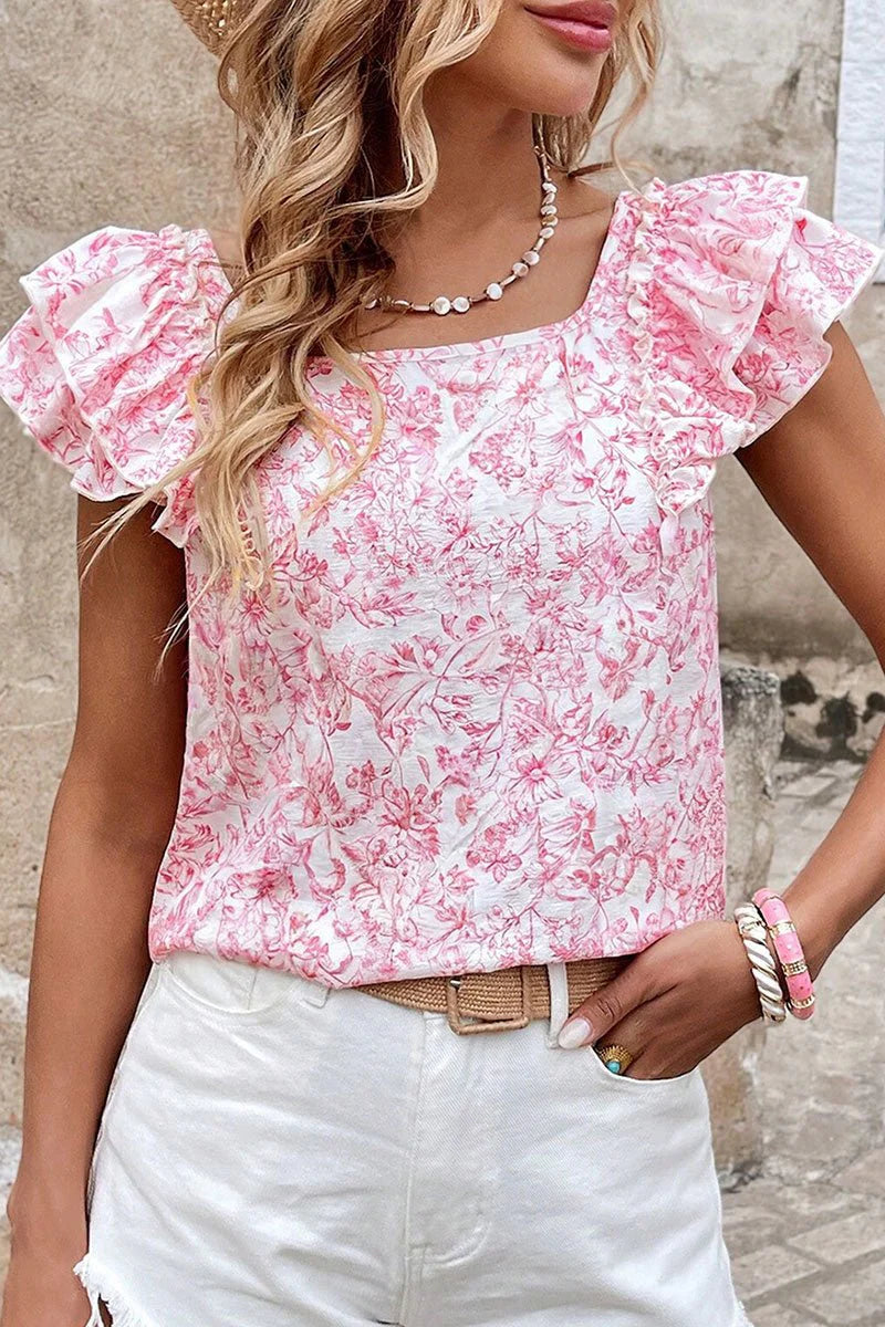 FRENCH VILLA FLORAL PINK RUFFLE SLEEVE BLOUSE