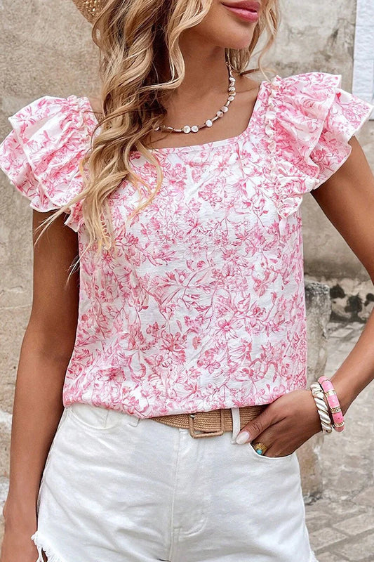 FRENCH VILLA FLORAL PINK RUFFLE SLEEVE BLOUSE