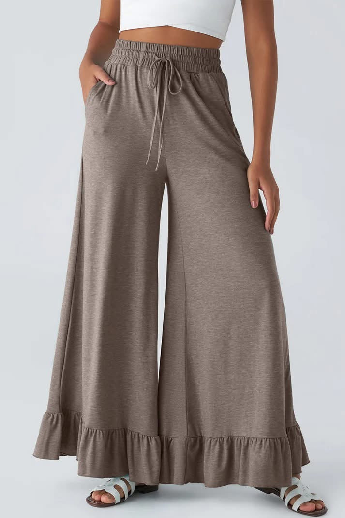 Ruffled Wide Leg Pull On High Waist Pants with Pockets