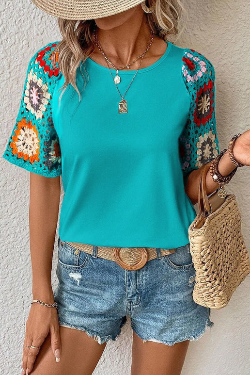 CORA CROCHET SLEEVE TURQUOISE TOP