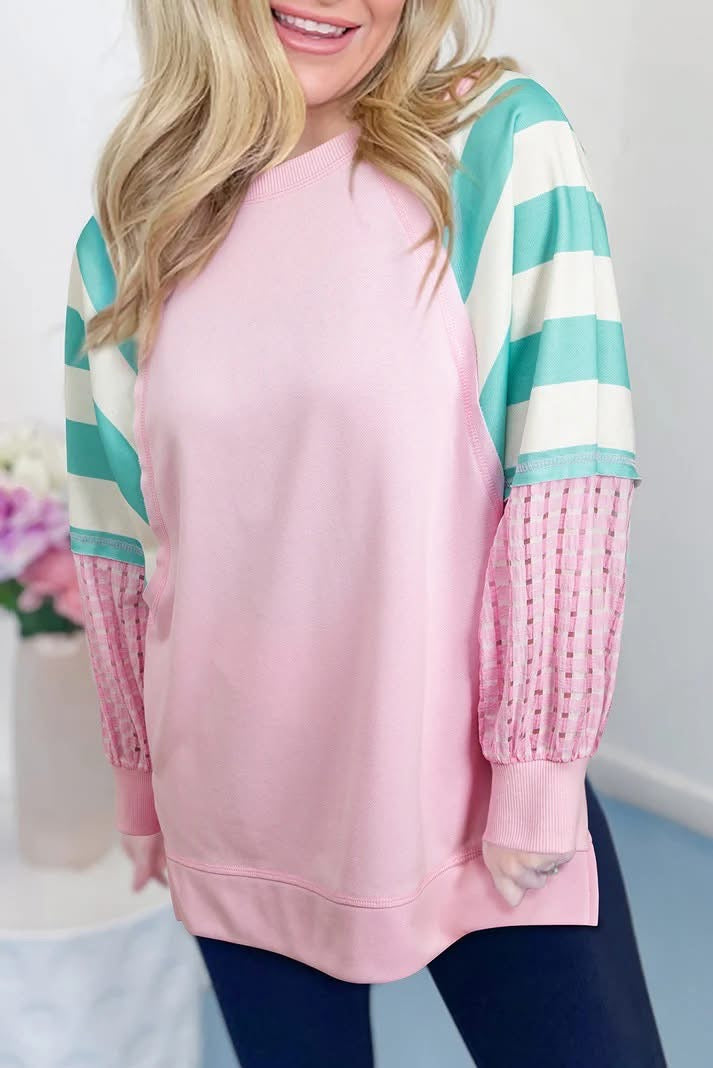 Striped Colorblock Patchwork Raglan Pullover Top with Slits