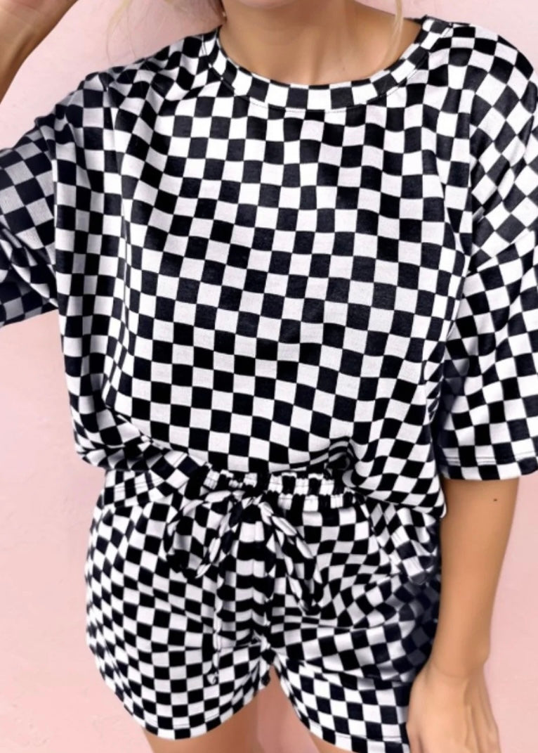Checkered Round Neck Top and Shorts Set