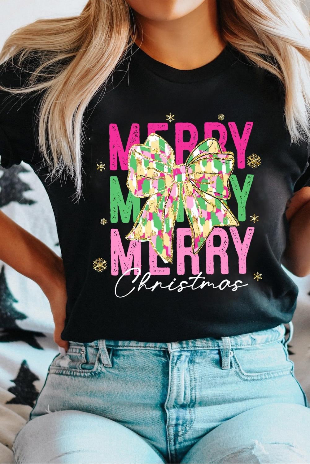 Black Merry Christmas Bow T shirt