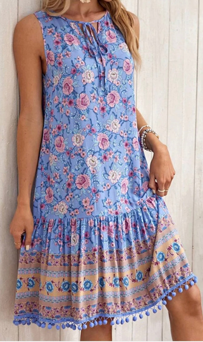 Tie Neck Sleeveless Floral Dress