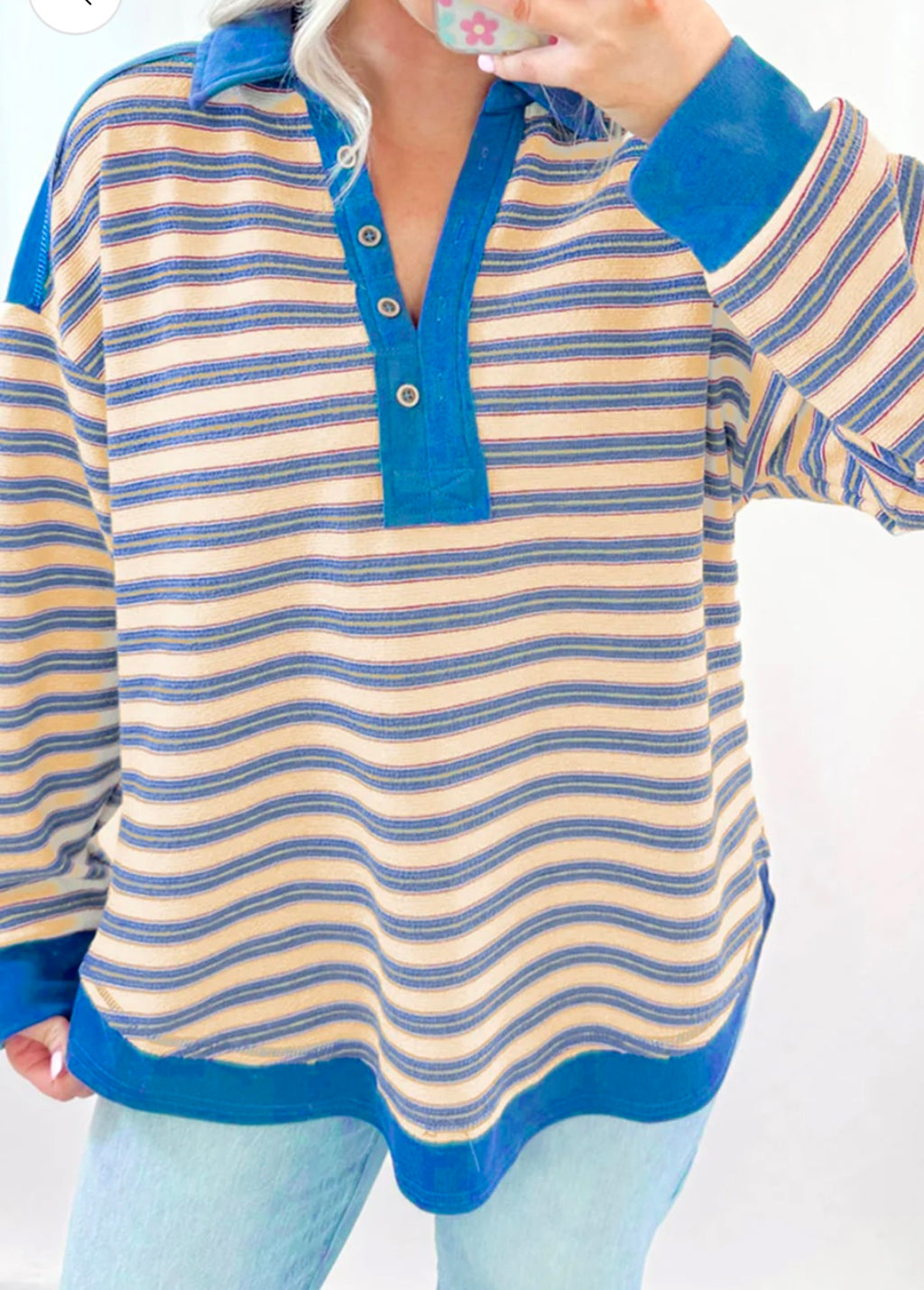 Stripe Buttoned V Neck Collared Top