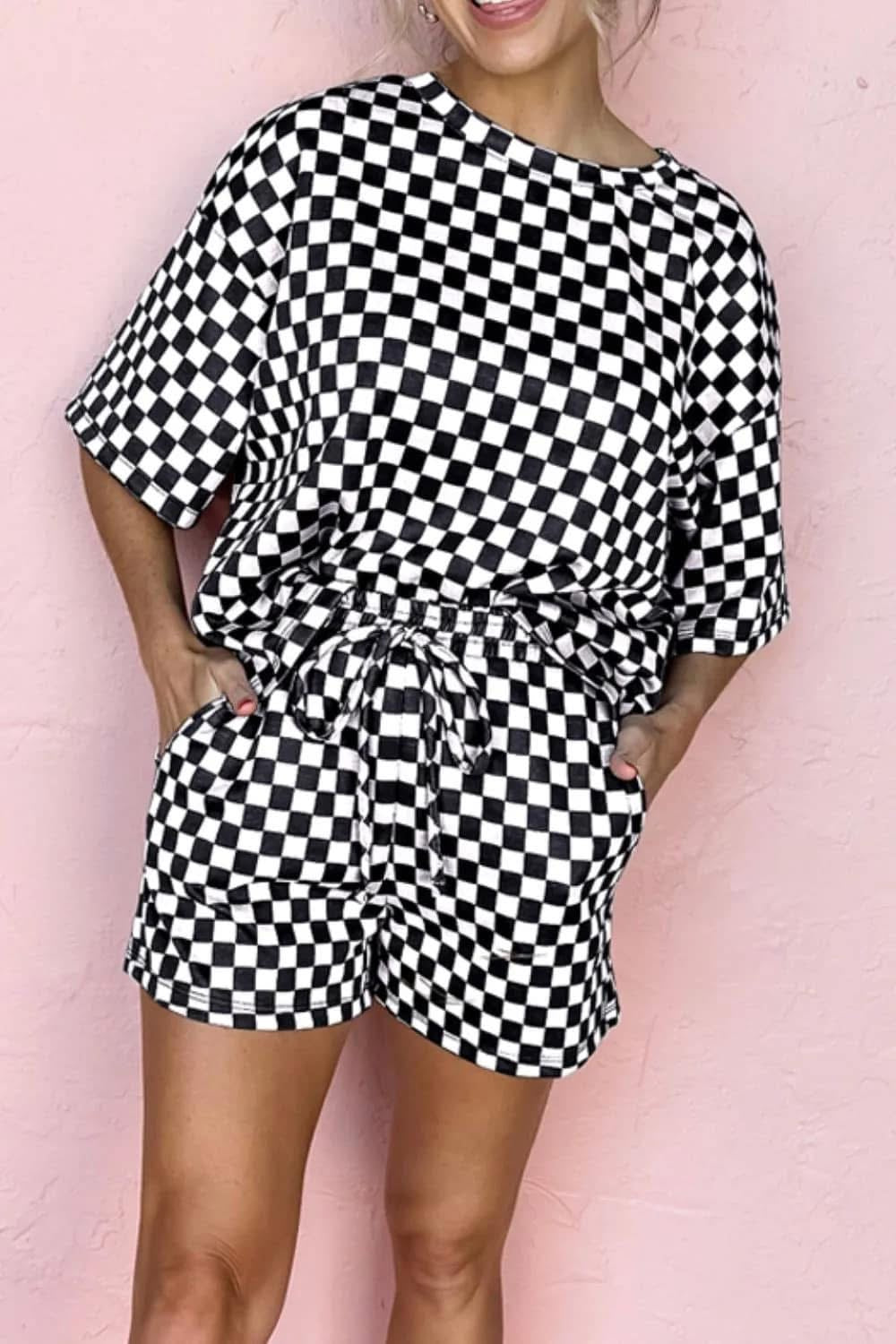 Checkered Round Neck Top and Shorts Set