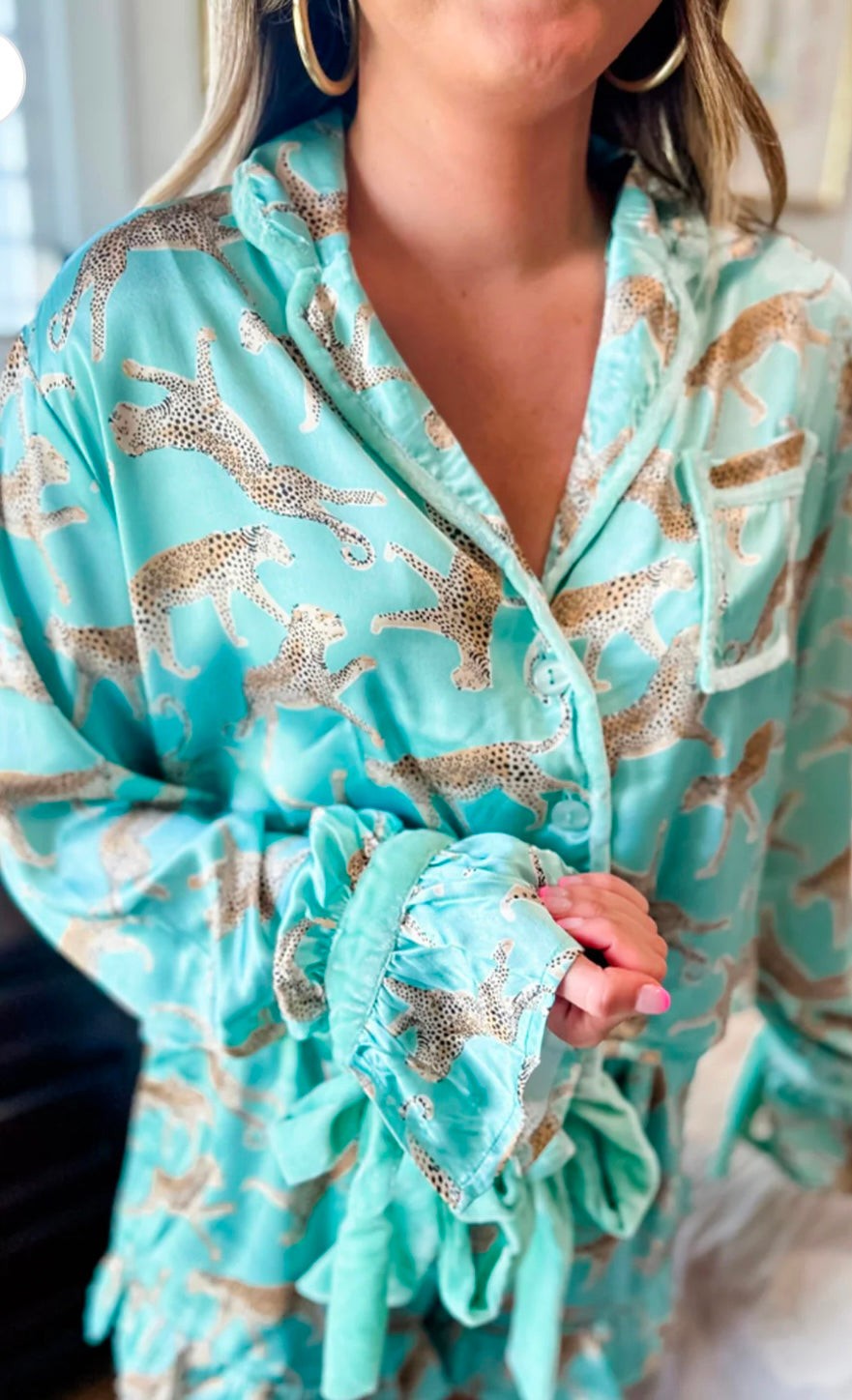 Leopard Satin Ruffle Pajama Set
