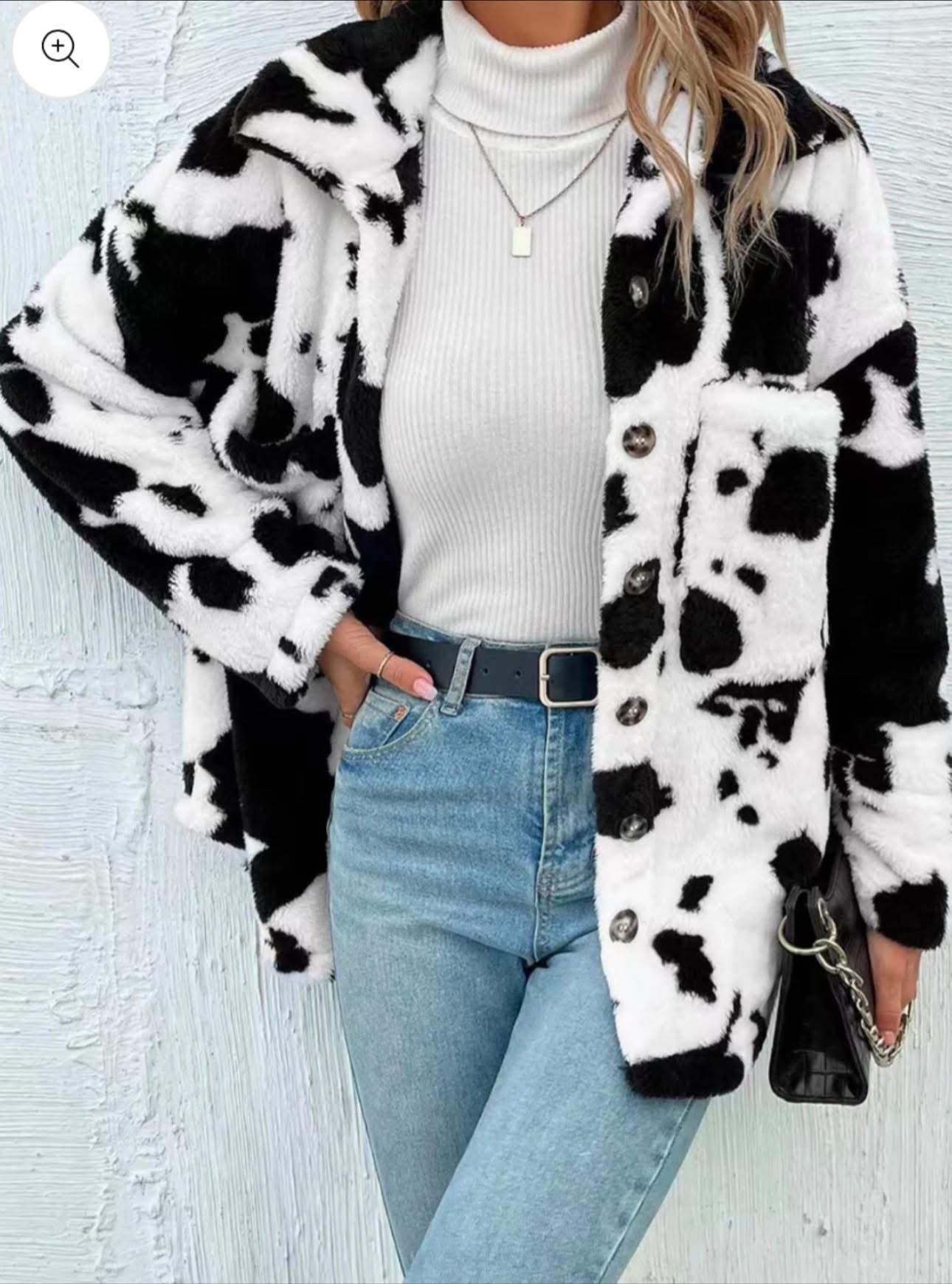 Cow Print Collared Neck Button Up Fuzzy Jacket