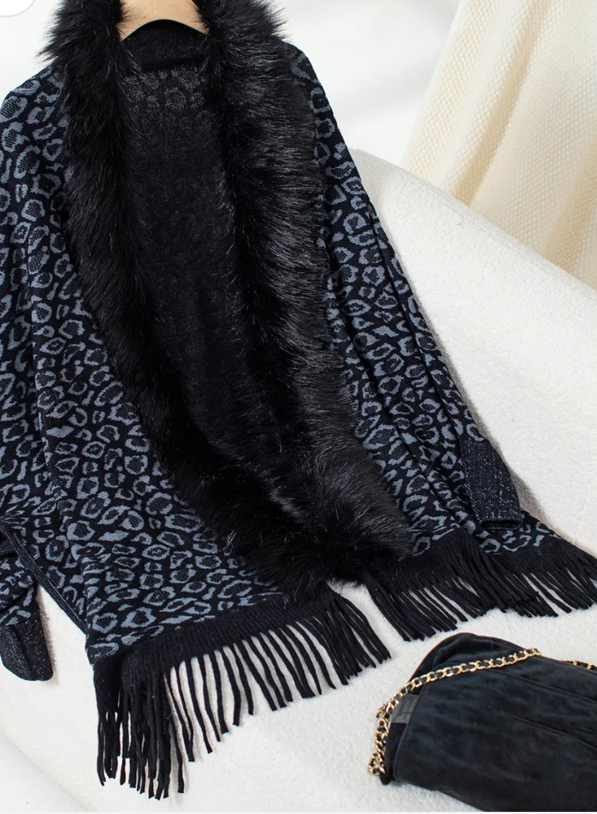 Fringe Leopard Open Front Long Sleeve Poncho