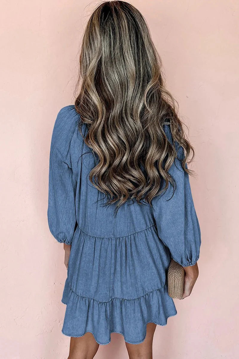 COASTAL CUES ASHLEIGH BLUE RUFFLED CHAMBRAY DRESS **SHIPPING EXPECTED TO BEGIN ON DATE 8/30**