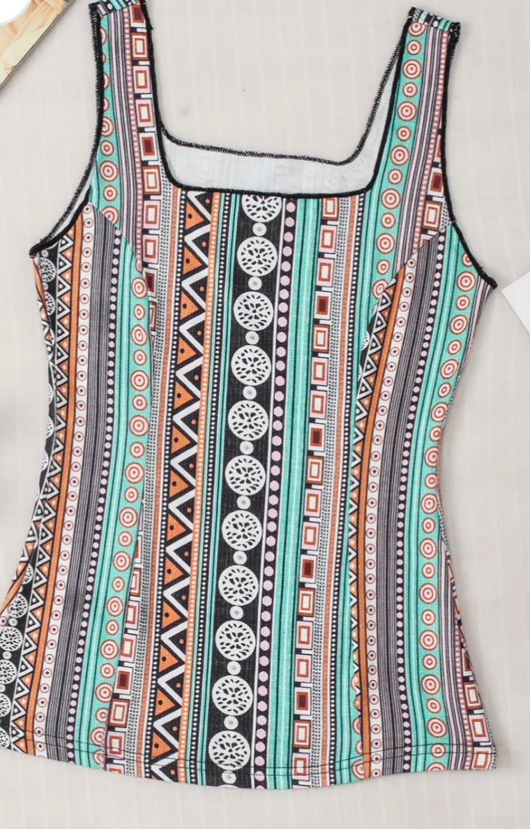 Printed Square Neck Wide Strap Tank