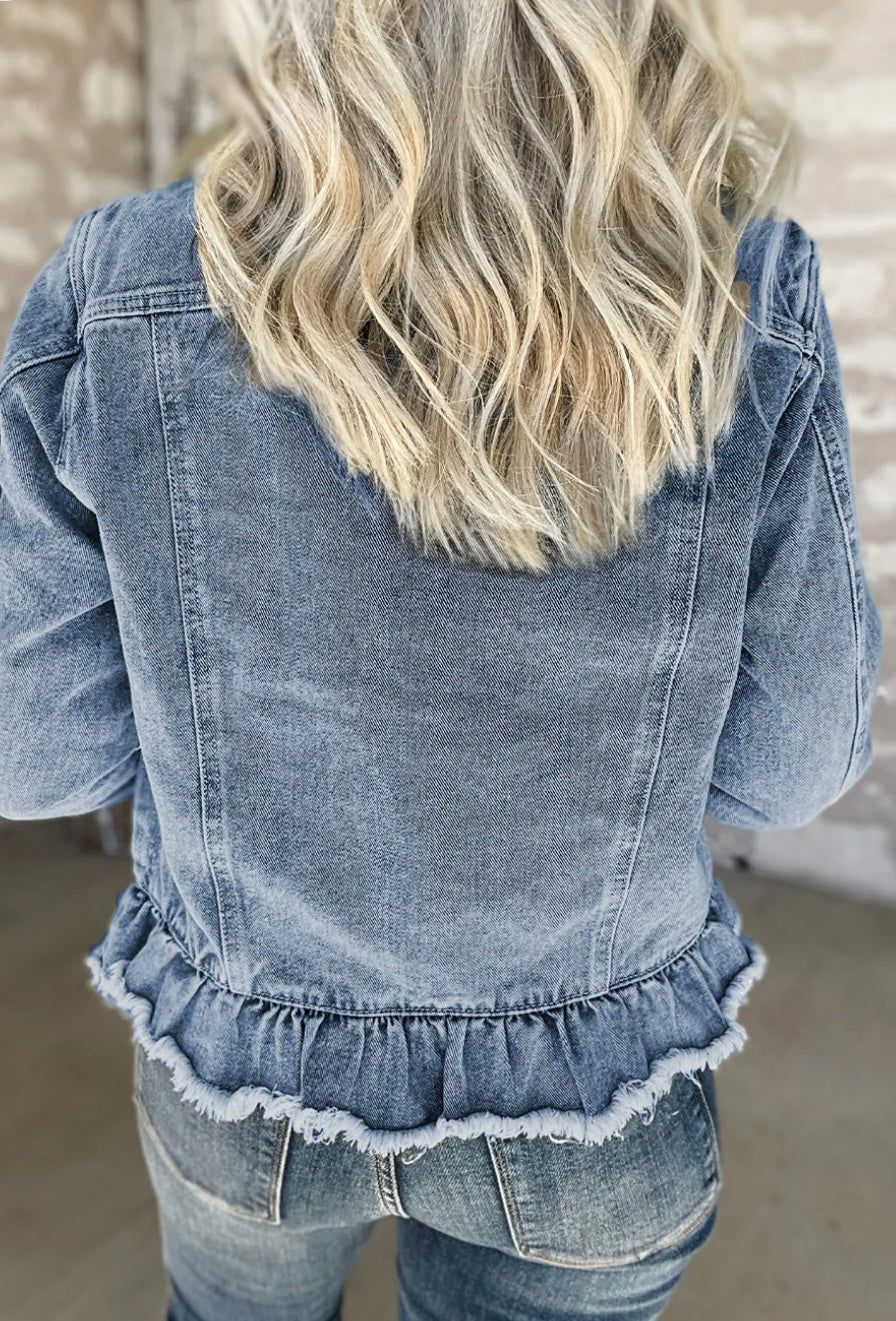 Ruffle Raw Hem Flap Pockets Denim Jacke