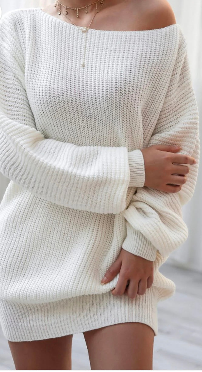 Boat Neck Long Sleeve Mini Sweater Dress