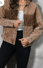 Load image into Gallery viewer, Fringe Trim Snap Down Denim Jacket
