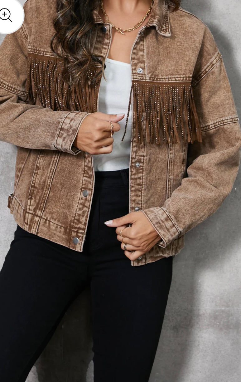 Fringe Trim Snap Down Denim Jacket