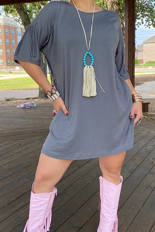 Dark gray short dress w/fringe tassel on the back