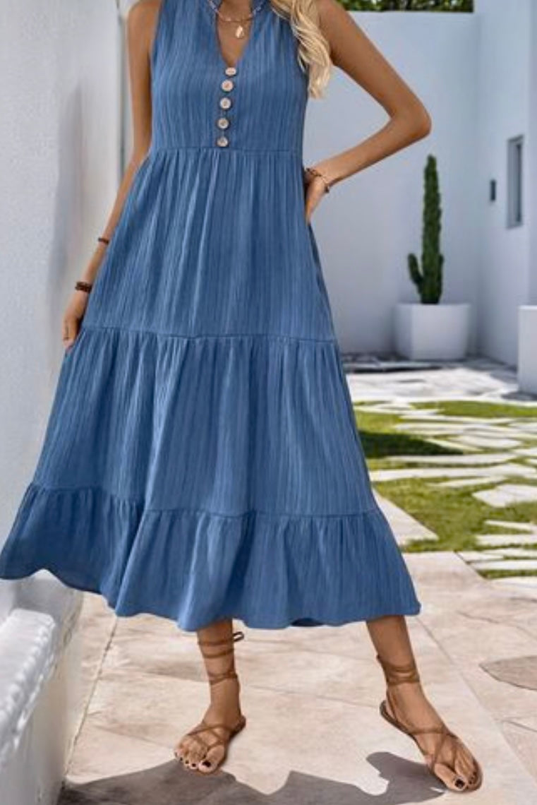 Perfee Decorative Button Notched Sleeveless Tiered Dress