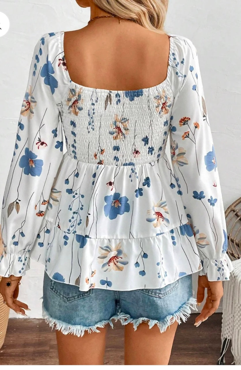 Smocked Floral Scoop Neck Flounce Sleeve Blouse
