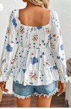 Load image into Gallery viewer, Smocked Floral Scoop Neck Flounce Sleeve Blouse
