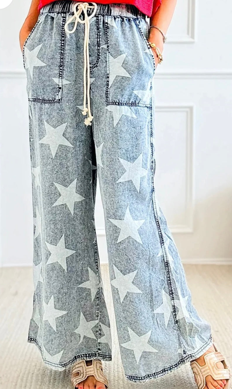 Star Light Wash Drawstring High Waist Wide Leg Jeans