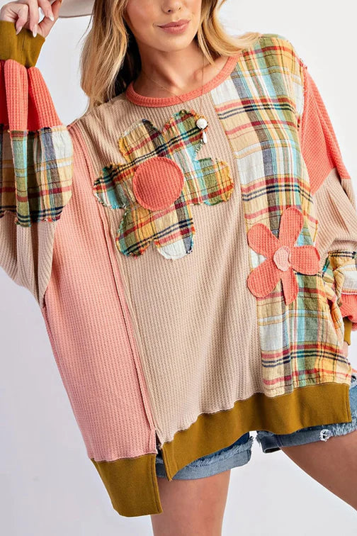 PLAID PETAL PATCHWORK WAFFLE DROP SHOULDER TOP **SHIPPING EXPECTED TO BEGIN ON DATE 10/22**